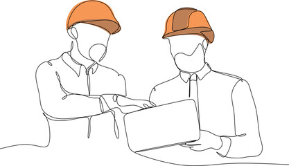 Line drawing of a young architect discussing a construction project with his supervisor. Building architecture business concept. One line design vector graphic illustration