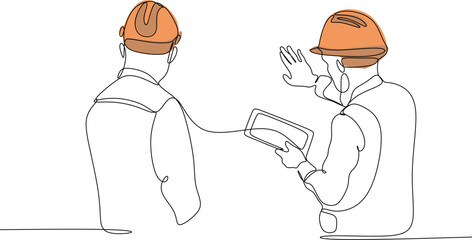 Line drawing of a young architect discussing a construction project with his supervisor. Building architecture business concept. One line design vector graphic illustration