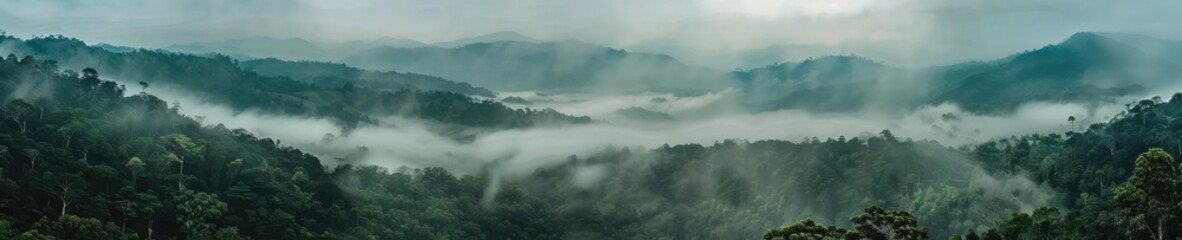 Fototapeta premium A captivating photograph of a jungle forest shrouded in mist. The mist adds an aura of mystery and serenity to the lush greenery of the jung