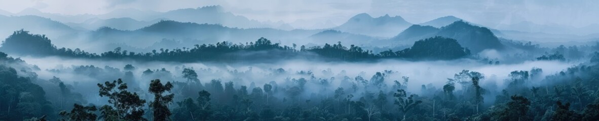 A captivating photograph of a jungle forest shrouded in mist. The mist adds an aura of mystery and serenity to the lush greenery of the jungle.