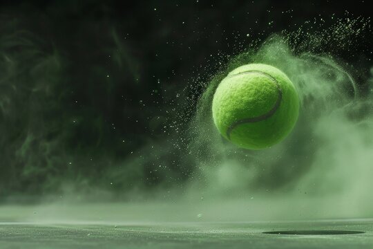 Capture still image of flying tennis ball with green powder