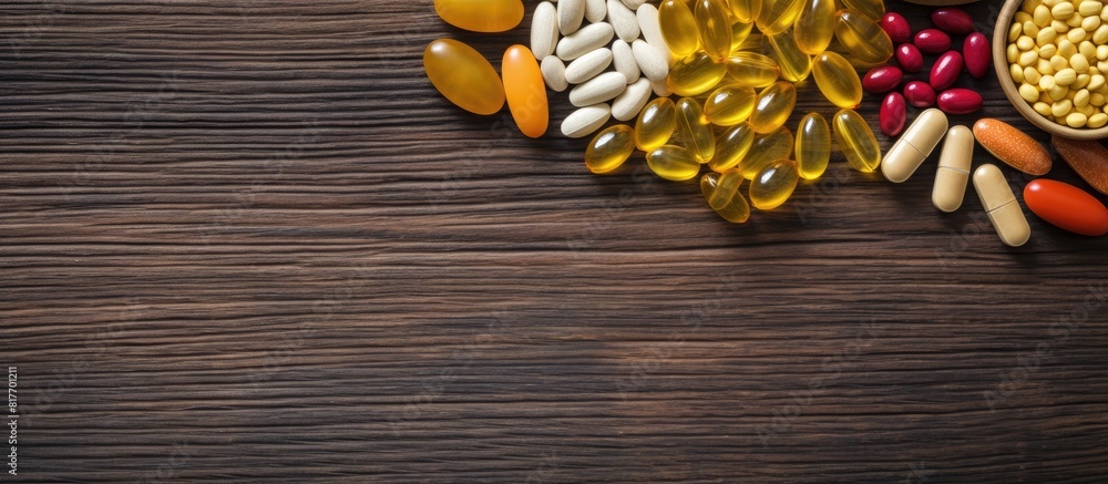 Aufkleber Flat lay of various vitamin E rich products displayed on a wooden table with ample space for text in the image