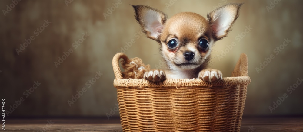 Poster a chihuahua with an adorable appearance happily occupying a basket of your choice copy space image