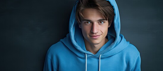 A jovial American young adult wearing a blue hoodie and jeans poses in a portrait against a simple background creating a copy space image