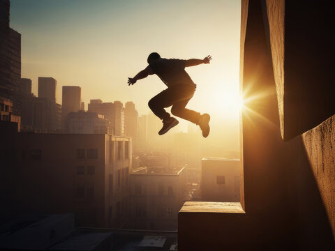 Man doing parkour against sunset sky.