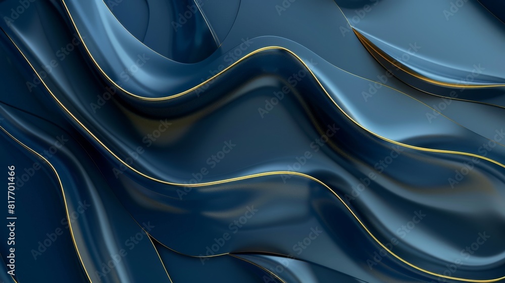 Poster lustrous blue flowing shapes with intricate gold lines creating a sense of luxury and dynamic moveme