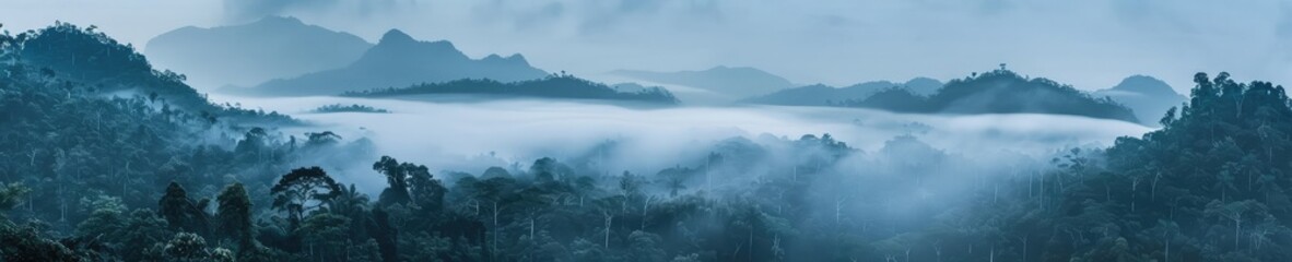Fototapeta na wymiar A captivating photograph of a jungle forest shrouded in mist. The mist adds an aura of mystery and serenity to the lush greenery of the jungle. 