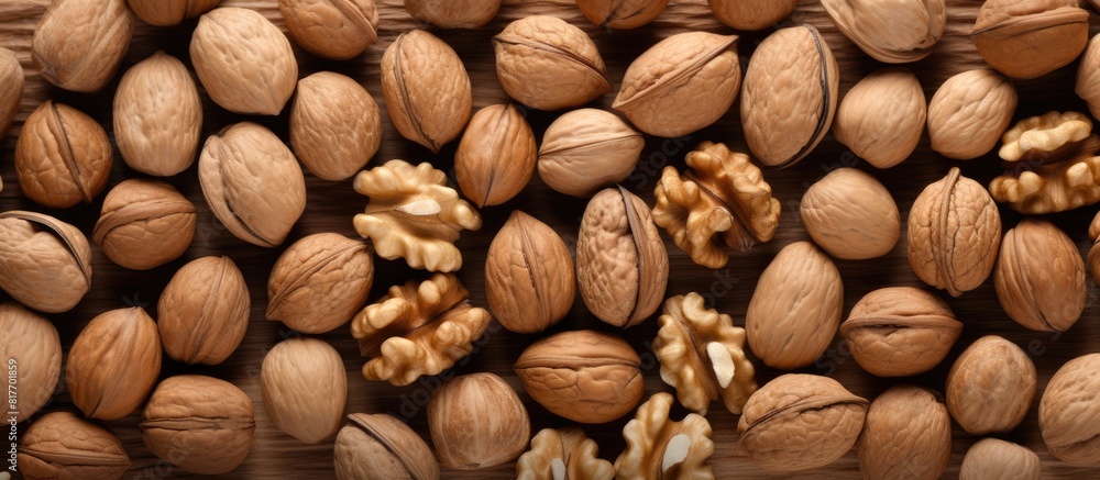 Wall mural A visually appealing copy space image showcasing a pile of fresh crispy brown walnuts arranged on a surface as viewed from above