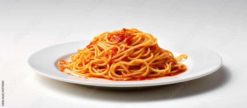 Poster a copy space image of spaghetti is presented on a white plate against a clear background