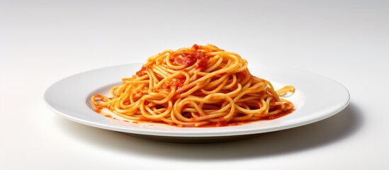 A copy space image of spaghetti is presented on a white plate against a clear background