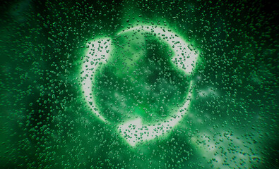 A glowing green recycling symbol behind a glass surface with water droplets, representing eco-friendly concepts and modern, Matrix-inspired aesthetics. 3D rendering.