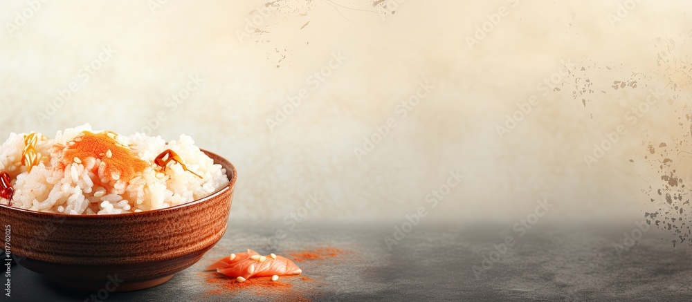 Poster a nutritious bowl of homemade rice topped with fresh salmon creating a copy space image