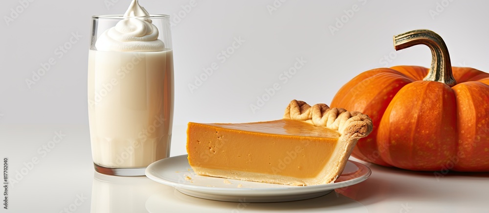 Poster copy space image of a delectable pumpkin pie with a side of milk showcased on a light background pro