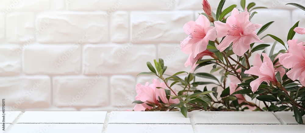 Aufkleber A pink nerium oleander twig with beautiful blooms against a backdrop of white bricks Ample space available for adding text