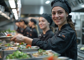 Portrait of happy chefs team standing together in kitchen.