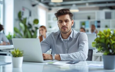 Fototapeta premium Young office worker sitting at a desk in a office with laptop on the table, stressing over work.
