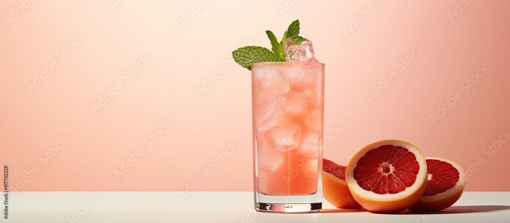 Poster beige background with a red refreshing drink featuring ice grapefruit and mint copy space for text o