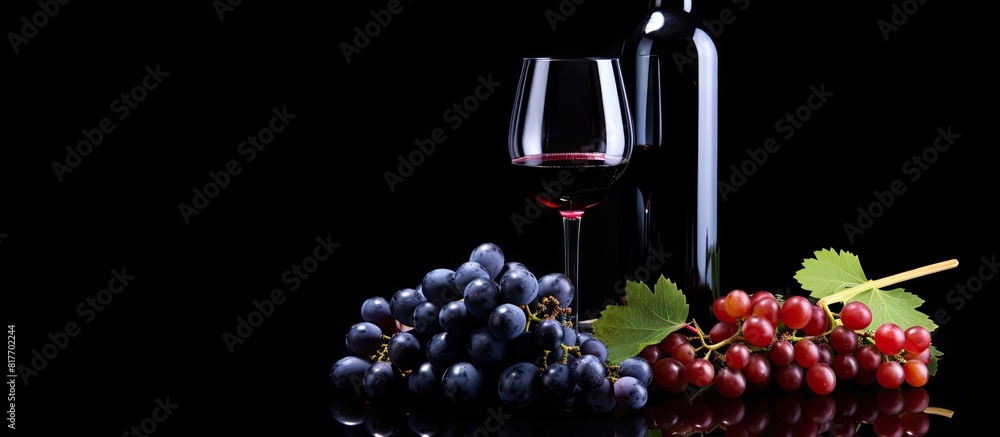 Poster a bottle of red wine and blue grapes placed on a black reflective background providing a copy space 