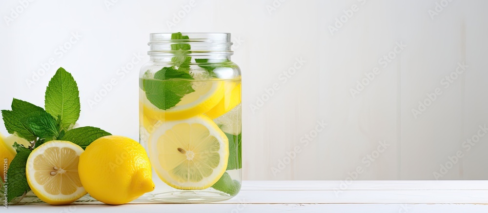 Poster lemonade with soda water lemon and mint leaves in a jar on a light background includes copy space im
