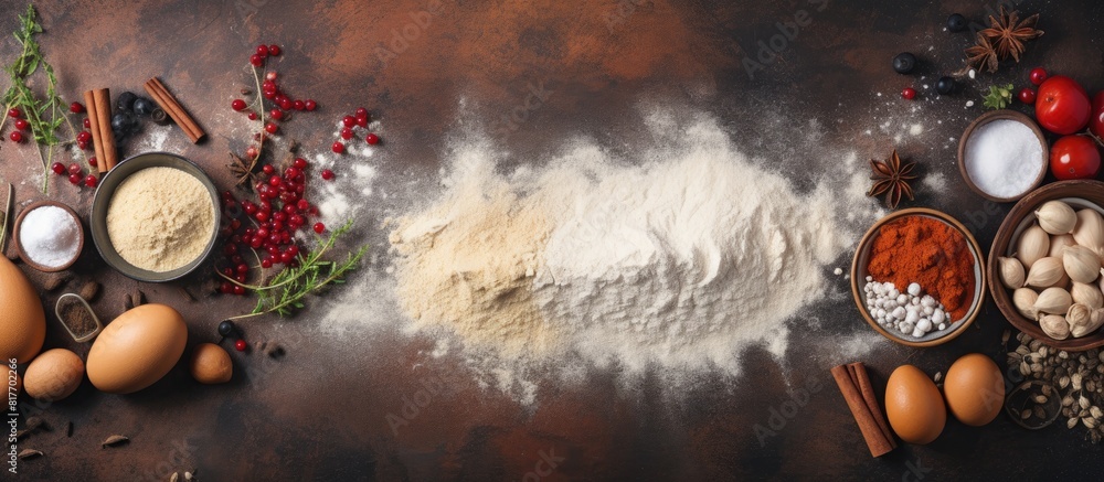 Poster copy space image of a baking or cooking backdrop with various ingredients and kitchen items for baki
