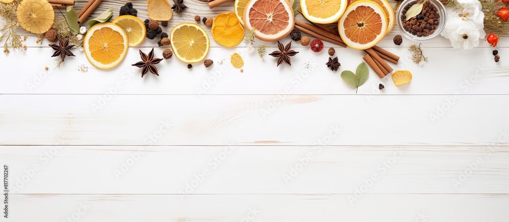 Poster a flat lay composition featuring a white wooden table adorned with dried herbal tea leaves fresh fru