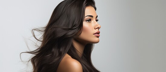 Naklejka premium Close up copy space image of a beautiful brunette with long hair gazing to the side on a white background