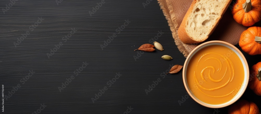 Poster a top view image of a bowl containing dietary pumpkin cream soup with toast bread providing a free c