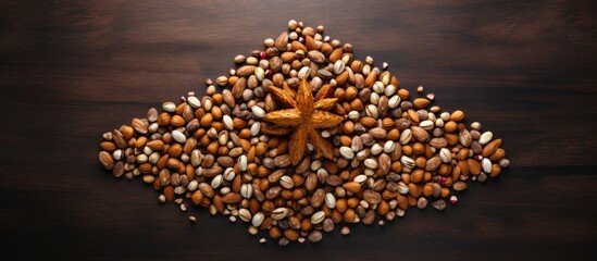 A top view of a Christmas tree made entirely out of nuts and acorns with a copy space image for a Merry Christmas and Happy New Year card