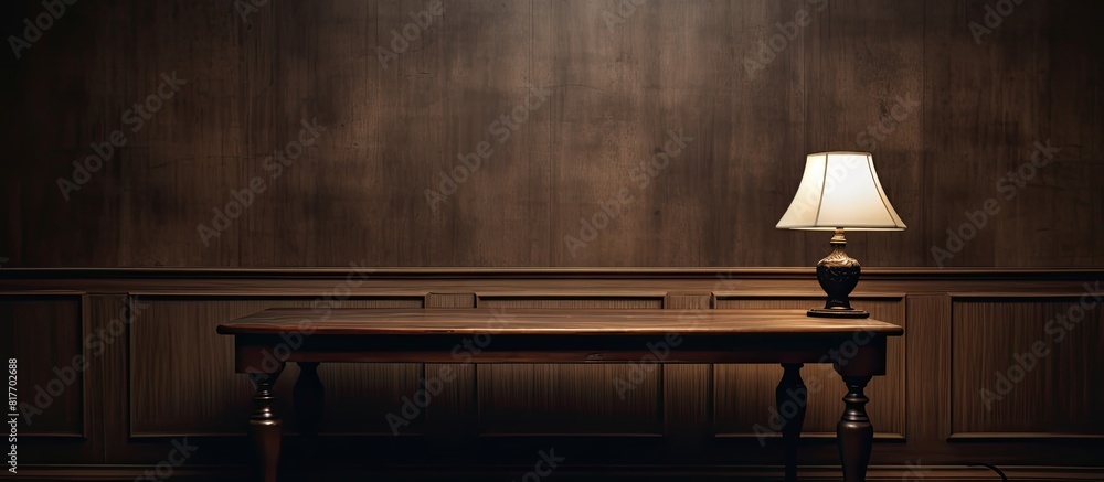 Poster dark room with a wooden table featuring a glowing lamp providing ample copy space image