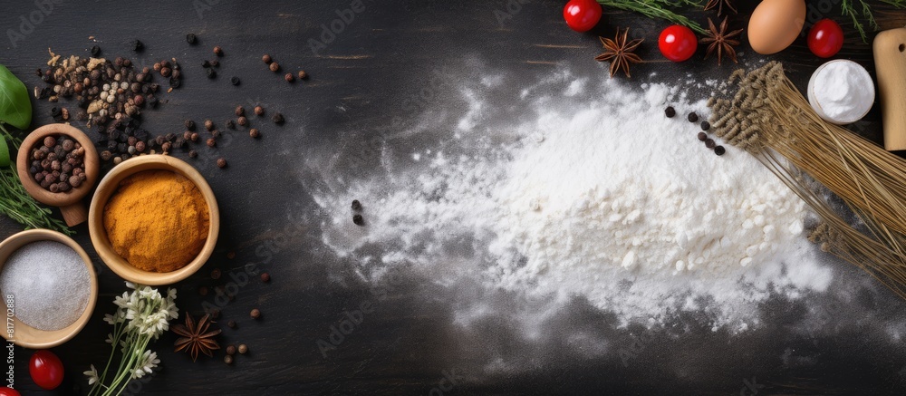 Poster copy space image of a baking or cooking backdrop with various ingredients and kitchen items for baki
