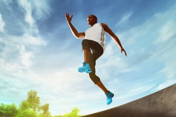 Low angle view of young man running jumping on street stair, city park in the morning with blue sky, 3d illustration