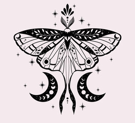 Black butterfly vector illustration. Esoteric alchemy symbol. Design for poster, card, tattoo.