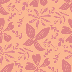 Peach fuzz tropical flowers seamless vector pattern background. Hand drawn floral backdrop. Nature botanical pink peach orange repeat all over print for gardening, packaging. Naive boho style