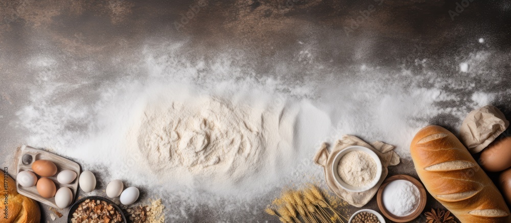 Poster copy space image of top view bakery products including flour eggs and milk