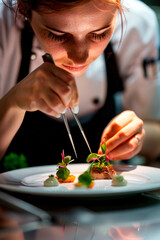 A woman chef meticulously plating an exquisite dish on a sleek white plate.