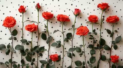 small red rose On a white background, black polka dots.