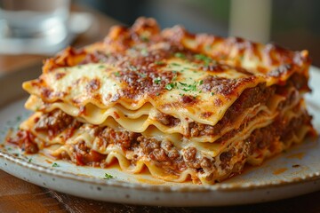 Lasagna: Layers of pasta, rich meat sauce, creamy bechamel, and melted cheese. The top layer should be golden brown and slightly crispy