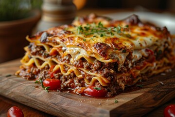 Lasagna: Layers of pasta, rich meat sauce, creamy bechamel, and melted cheese. The top layer should be golden brown and slightly crispy