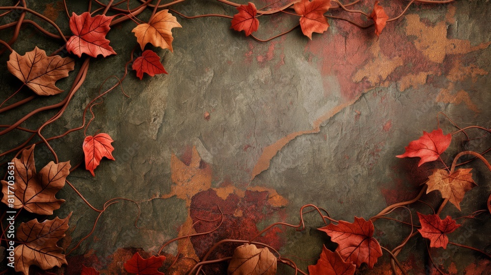 Poster Artistic abstract image featuring intertwined vines and scattered red autumn leaves on a textured backdrop