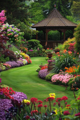 A tranquil garden with colorful flowers, winding pathways, and a quaint gazebo. 