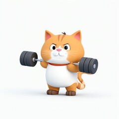 A cat lifting dumbbells with a serious expression on a white background