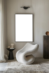 Modern Minimalist Interior Mock-up with Empty Frame and Curved Chair