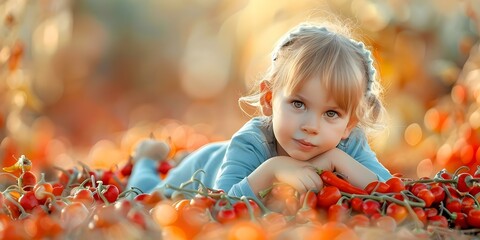 Child lying among red peppers looking at camera blurred background. Concept Food Photography, Children's Portrait, Red Peppers, Outdoor Photoshoot, Playful Poses