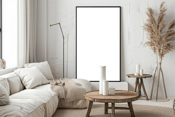 Scandinavian Minimalist Interior Mock-up with Empty Frame and Cozy Sofa