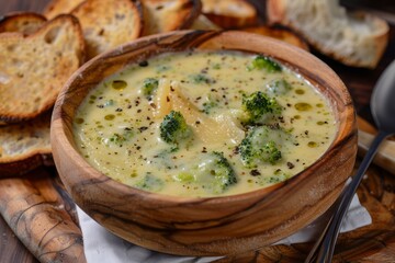Cheesy broccoli soup in a wooden bowl with toast