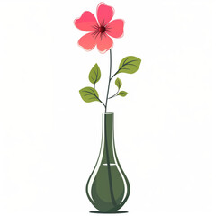 Pink flower in green vase on white background