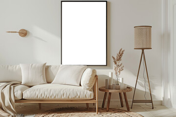 Scandinavian Minimalist Interior Mock-up with Empty Frame and Cozy Sofa