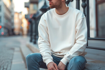 Mock-Up: Young Men Wearing Blank Ivory Crewneck Sweatshirts. young men wearing blank ivory crewneck sweatshirts in various urban settings