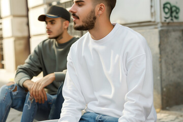 Mock-Up: Young Men Wearing Blank Ivory Crewneck Sweatshirts. young men wearing blank ivory crewneck sweatshirts in various urban settings