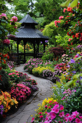 A tranquil garden with colorful flowers, winding pathways, and a quaint gazebo. 